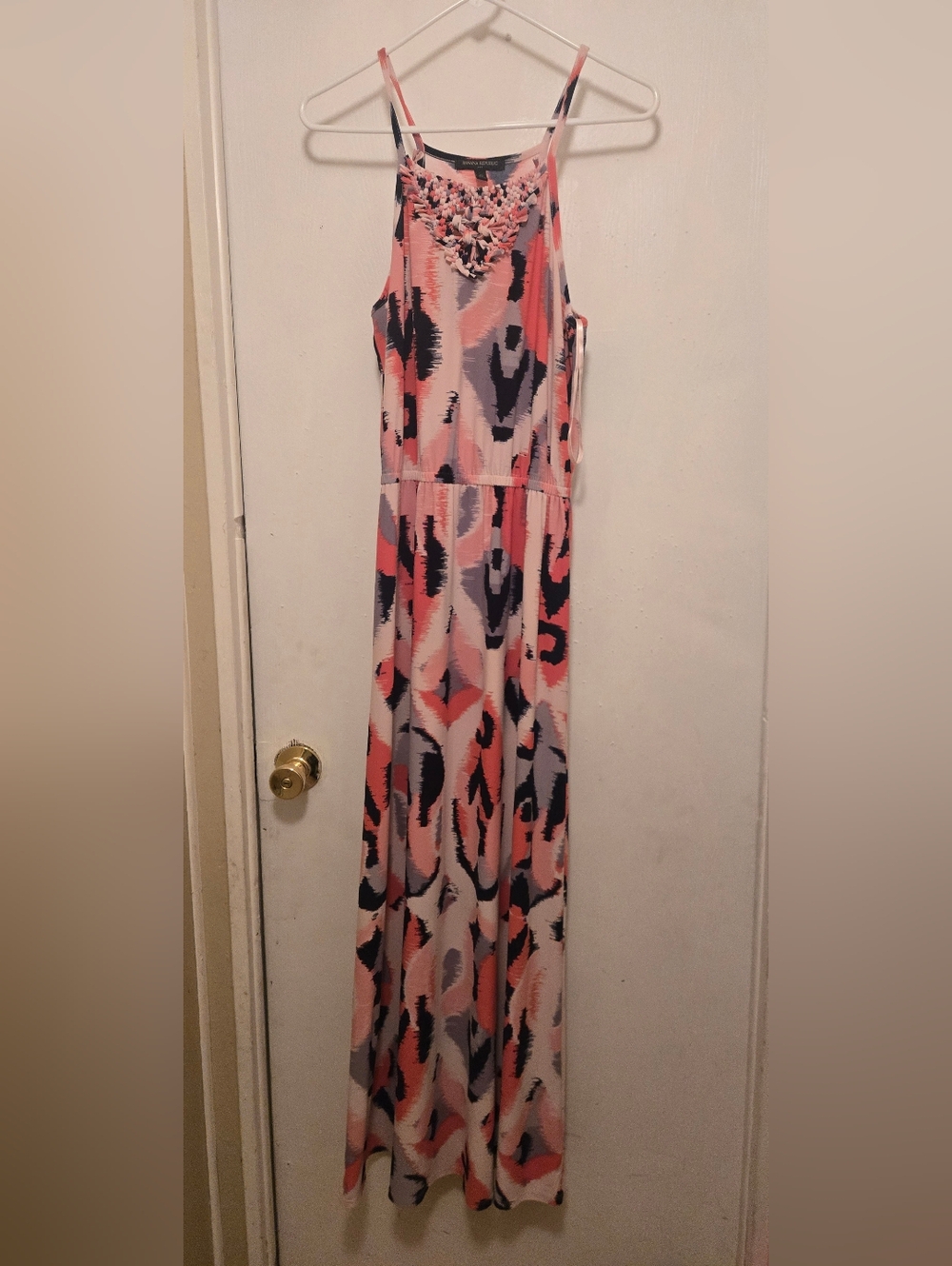 Tommy Bahama Coral Pink and Navy Abstract Print Maxi Dress